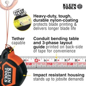 Klein Tools 9225 Tape Measure, Heavy-Duty Measuring Tape with 25-Foot Double-Hook Double-Sided Nylon Reinforced Blade, with Metal Belt Clip