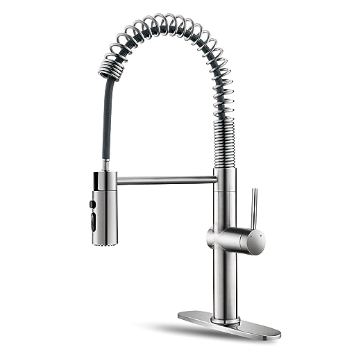 OWOFAN Pull Out Kitchen Faucet Low Lead Commercial Single Handle Pull Down Sprayer Spring Kitchen Sink Faucet Brushed Nickel Kitchen Faucets with Deck Plate 866055SN