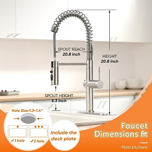 OWOFAN Pull Out Kitchen Faucet Low Lead Commercial Single Handle Pull Down Sprayer Spring Kitchen Sink Faucet Brushed Nickel Kitchen Faucets with Deck Plate 866055SN