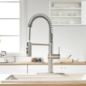 OWOFAN Pull Out Kitchen Faucet Low Lead Commercial Single Handle Pull Down Sprayer Spring Kitchen Sink Faucet Brushed Nickel Kitchen Faucets with Deck Plate 866055SN