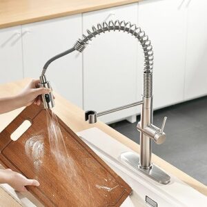 OWOFAN Pull Out Kitchen Faucet Low Lead Commercial Single Handle Pull Down Sprayer Spring Kitchen Sink Faucet Brushed Nickel Kitchen Faucets with Deck Plate 866055SN