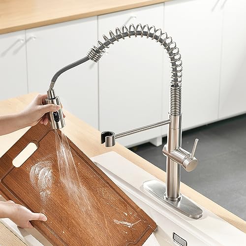 OWOFAN Pull Out Kitchen Faucet Low Lead Commercial Single Handle Pull Down Sprayer Spring Kitchen Sink Faucet Brushed Nickel Kitchen Faucets with Deck Plate 866055SN