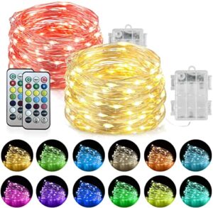 homemory 2 pack color changing fairy lights battery operated, 20ft 60leds rgb fairy string twinkle lights with remote, waterproof silver wire for halloween decor-13 colors