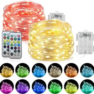 Homemory 2 Pack Color Changing Fairy Lights Battery Operated, 20Ft 60LEDs RGB Fairy String Twinkle Lights with Remote, Waterproof Silver Wire for Halloween Decor-13 Colors