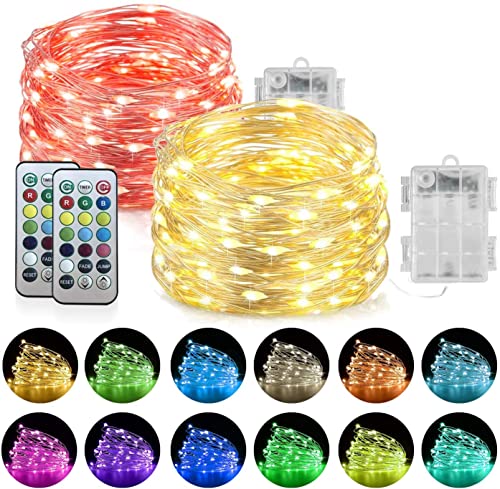 Homemory 2 Pack Color Changing Fairy Lights Battery Operated, 20Ft 60LEDs RGB Fairy String Twinkle Lights with Remote, Waterproof Silver Wire for Halloween Decor-13 Colors