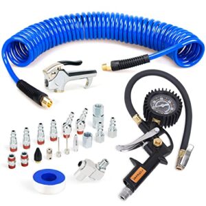 fypower 22 pieces air compressor accessories kit, 1/4 inch x 25 ft recoil poly air compressor hose kit, 1/4" npt quick connect air fittings, tire inflator gauge, blow gun, swivel plugs