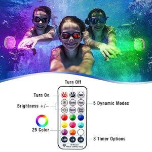 Qoolife Rechargeable Submersible Pool Lights with Remote, Waterproof Underwater Charging Battery Operated Controlled 25 Color Changing LED with Magnet Floating Lights Pool Pond Decoration (2 Pack)