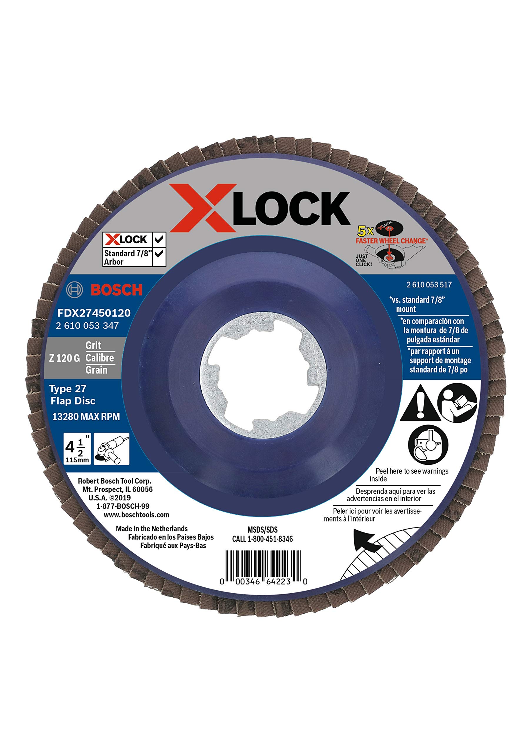 BOSCH FDX27450120 1-Piece 4-1/2 In. X-LOCK Flap Disc 120 Grit Compatible with 7/8 In. Arbor Type 27 for Applications in Metal Blending and Grinding