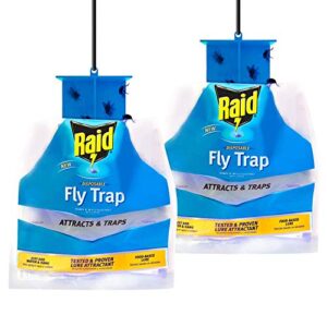 raid fly trap (2-pack), outdoor fly trap, disposable fly trap bag, house fly trap with food-based attractant, hanging fly bag, 2 home fly trap bags, outside fly control for home, hanging fly bait bags