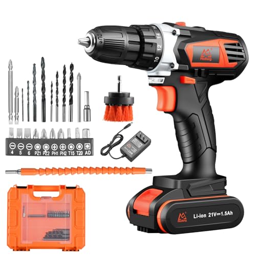 MAIBERG Screw Gun Cordless Driller, Electric Power Drill Cordless with 21V Battery, 1hour Charger, Cleaning Brush, 3/8" Keyless Chuck, 2 Variable Speed and Bits for Drilling Wood Metal