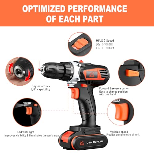 MAIBERG Screw Gun Cordless Driller, Electric Power Drill Cordless with 21V Battery, 1hour Charger, Cleaning Brush, 3/8" Keyless Chuck, 2 Variable Speed and Bits for Drilling Wood Metal