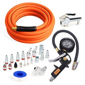 fypower 22 pieces air compressor accessories kit, 3/8 inch x 25 ft hybrid air compressor hose kit, 1/4" npt quick connect air fittings, tire inflator gauge, heavy duty blow gun, swivel plugs