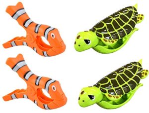 o2cool bocaclips - beach towel clips for beach chairs, patio and pool accessories - (clown fish/turtle) 4 count