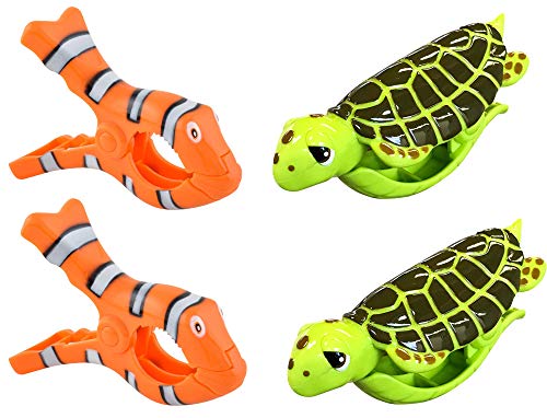 O2COOL Bocaclips - Beach Towel Clips For Beach Chairs, Patio And Pool Accessories - (Clown Fish/Turtle) 4 Count