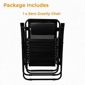 Pacific Pass Folding Zero Gravity Reclining Chair w/ Built-In Headrest - Durable Construction -Middle- Black