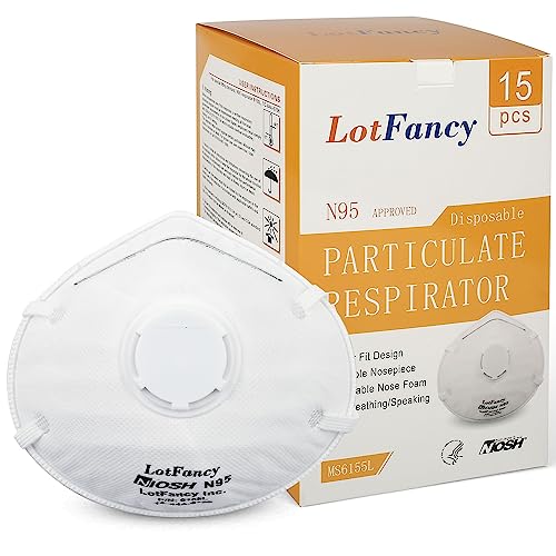 LotFancy NIOSH N95 Mask, 15PCS Particulate Respirator with Breathing Valve, Disposable Air Filter Masks Against Dust, Pollution, Particle, Face Mask for Woodworking, Construction