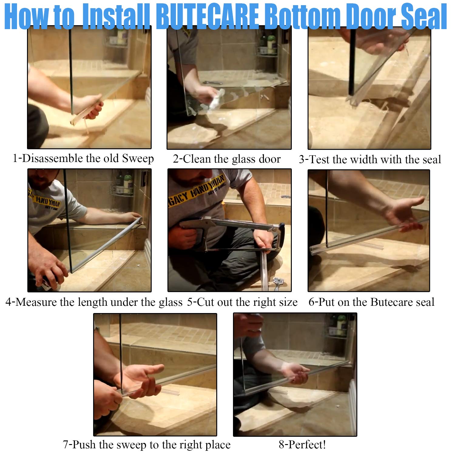 Butecare Premium Frameless Shower Door Bottom Seal Strip - Glass Door Side Seal Sweep (3/8” x 39”, Clear Vinyl)