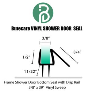 Butecare Premium Frameless Shower Door Bottom Seal Strip - Glass Door Side Seal Sweep (3/8” x 39”, Clear Vinyl)