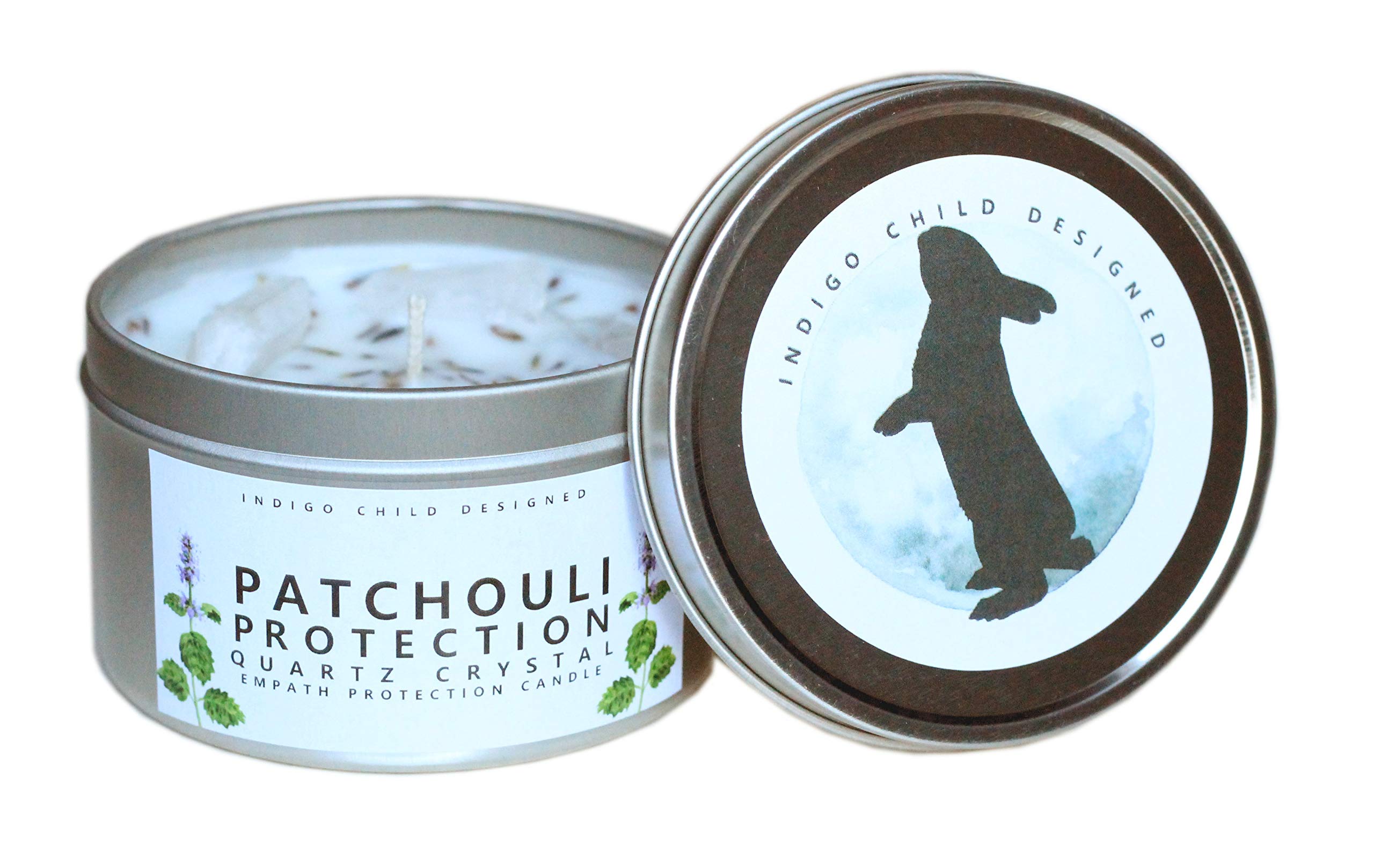 Empath Protection 8 Oz. Candle, Patchouli with Lavender and Clear Quartz Crystals