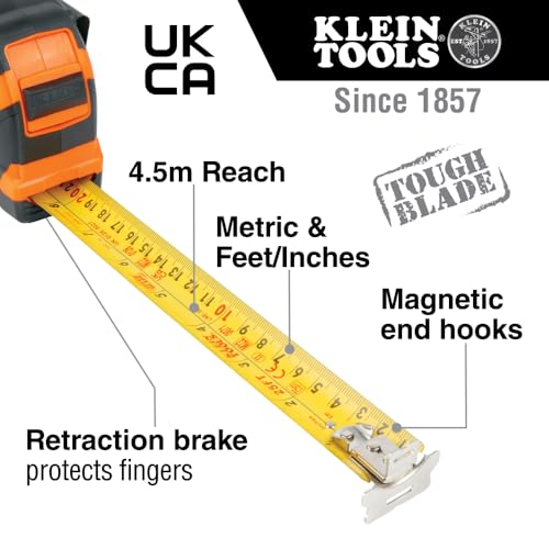 Klein Tools 9375 Tape Measure, Heavy-Duty Measuring Tape with 7.5 m Metric Double-Hook Double-Sided Nylon Reinforced Blade, Metal Belt Clip