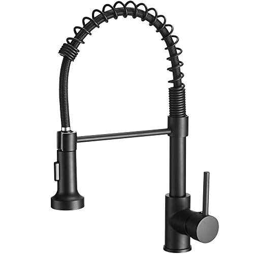 OWOFAN Modern Single Handle Spring Kitchen Faucet with Pull Down Spray, Matte Black Kitchen Sink Faucet 866080R