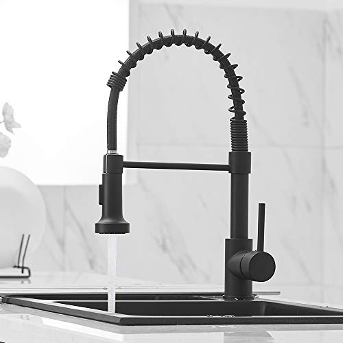 OWOFAN Modern Single Handle Spring Kitchen Faucet with Pull Down Spray, Matte Black Kitchen Sink Faucet 866080R