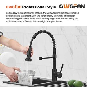 OWOFAN Modern Single Handle Spring Kitchen Faucet with Pull Down Spray, Matte Black Kitchen Sink Faucet 866080R