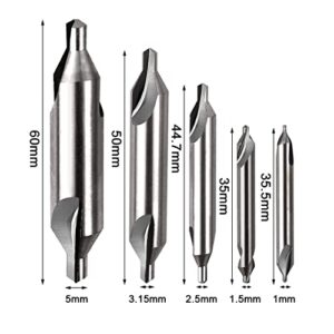 ATOPLEE 5pcs Center Drill Bits Set, M2 High Speed Steel 60-Degree Angle Countersink Lathe Bit Mill Tooling Set for Lathe Metalworking,Size 1 1.5 2.5 3.15 5mm