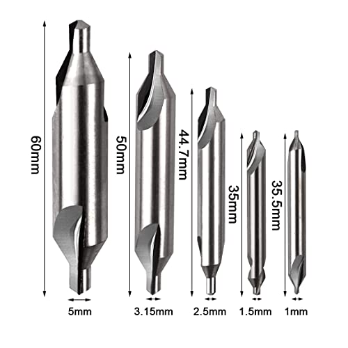 ATOPLEE 5pcs Center Drill Bits Set, M2 High Speed Steel 60-Degree Angle Countersink Lathe Bit Mill Tooling Set for Lathe Metalworking,Size 1 1.5 2.5 3.15 5mm