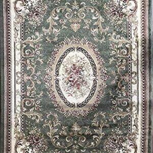 Traditional Door Mat Oriental Aubusson Floral Area Rug Persian Green Burgundy Beige Ivory Black Design 602 (31 Inch X 4 Feet 11 Inch)