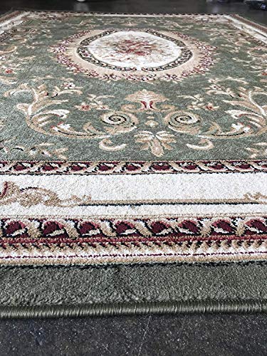 Traditional Door Mat Oriental Aubusson Floral Area Rug Persian Green Burgundy Beige Ivory Black Design 602 (31 Inch X 4 Feet 11 Inch)