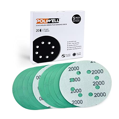 POLIWELL 5 Inch Sanding Discs 8 Holes 2000 Grit Wet Dry Film-Backed Green Line Hook and Loop Dustless Power Random Orbital Sander Paper, for Car Paint Wood or Metal Grinding and Polishing, 20 Pack