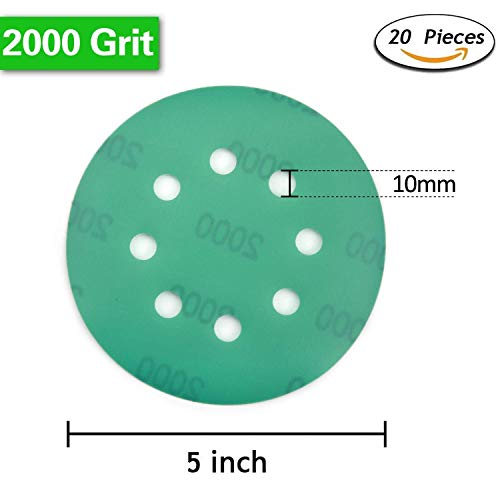 POLIWELL 5 Inch Sanding Discs 8 Holes 2000 Grit Wet Dry Film-Backed Green Line Hook and Loop Dustless Power Random Orbital Sander Paper, for Car Paint Wood or Metal Grinding and Polishing, 20 Pack