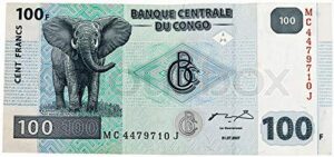 2007 cg (foreign currency) lovely french congo 100 franc bill w giant elephant! beautiful pastel colors! 100 francs gem crisp uncirculated