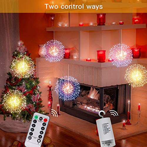 Starburst String Lights Christmas Lights,198 LED 8 Modes Dimmable with Remote Control, Waterproof Copper Wire Decorative Hanging Starburst Lights for Party Patio Garden Decoration (Warm White, 4PC)