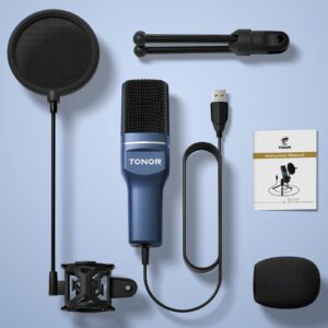 TONOR USB Microphone, Computer Cardioid Condenser PC Gaming Mic with Tripod Stand & Pop Filter for Streaming, Podcasting, Vocal Recording, Compatible with Laptop Desktop Windows Computer, TC-777