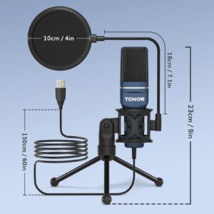 TONOR USB Microphone, Computer Cardioid Condenser PC Gaming Mic with Tripod Stand & Pop Filter for Streaming, Podcasting, Vocal Recording, Compatible with Laptop Desktop Windows Computer, TC-777