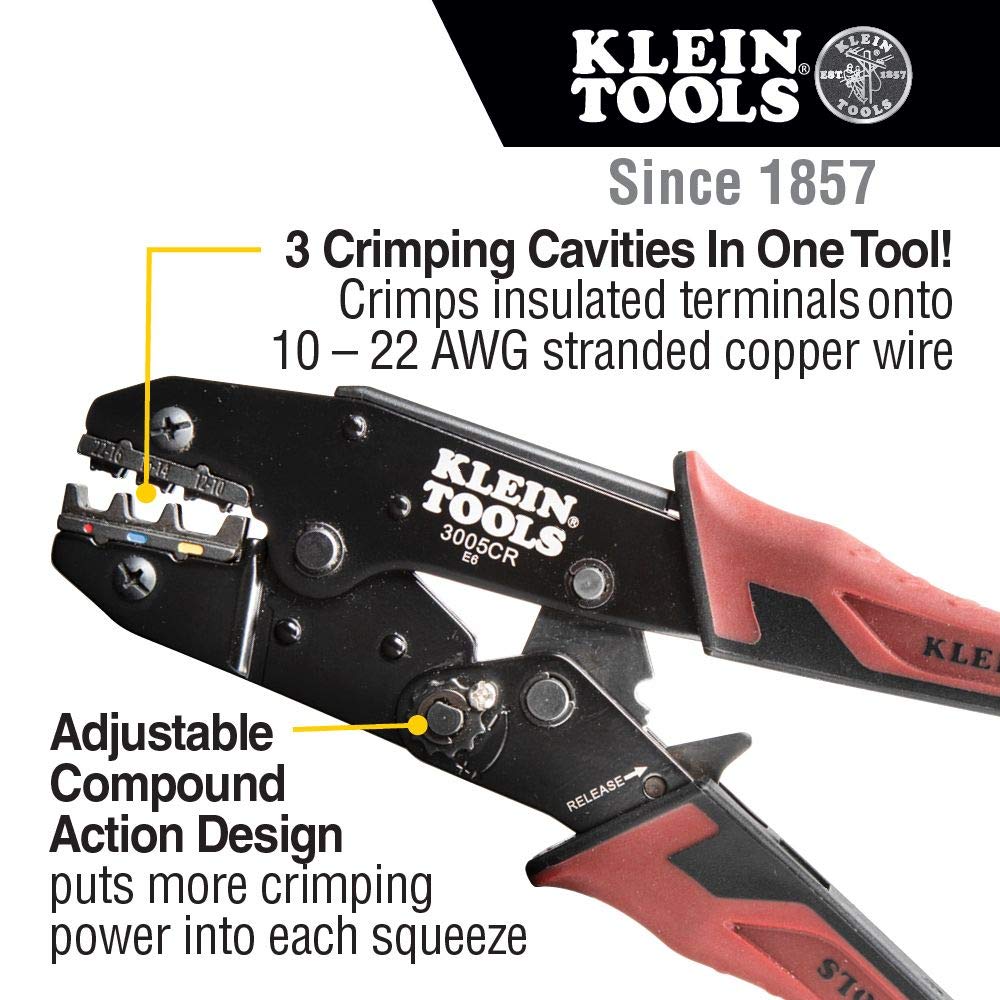 Klein Tools 3005CR Wire Crimper Tool, Ratcheting Insulated Terminal Crimper for 10 to 22 AWG Wire