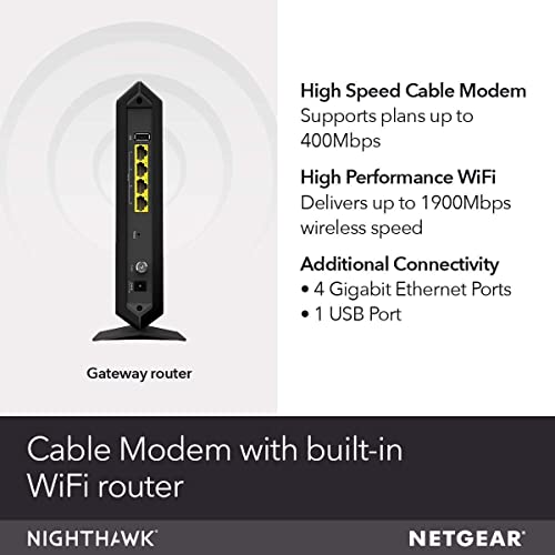 NETGEAR Nighthawk AC1900 (24x8) DOCSIS 3.0 WiFi Cable Modem Router Combo (C7000) for Xfinity from Comcast, Spectrum, Cox, more (Renewed)