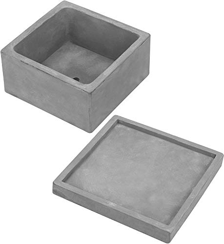 MyGift Modern Gray Concrete Square Planter - Succulent Plant Pot with Bottom Drainage Hole and Removable Drip Tray Saucer