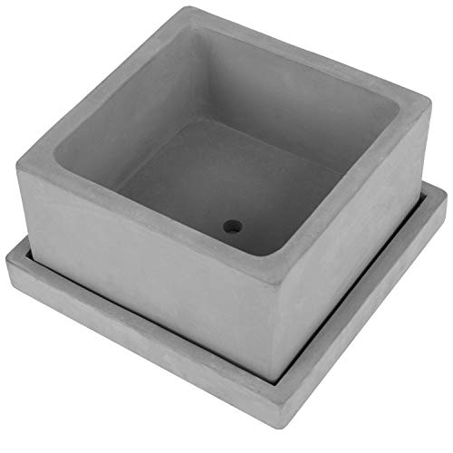 MyGift Modern Gray Concrete Square Planter - Succulent Plant Pot with Bottom Drainage Hole and Removable Drip Tray Saucer