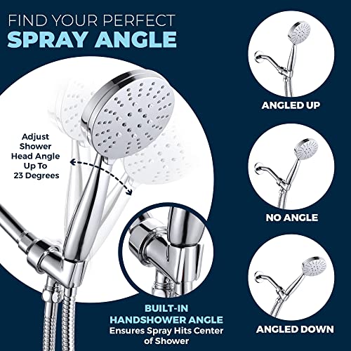 ALL METAL 3-Spray Handheld Shower Head with Long Hose and Brass Holder - CHROME - Showerhead With Handheld Sprayer - WIDE, MASSAGE, and MIST Sprays - 2.5 GPM High Pressure Shower Head with Handheld