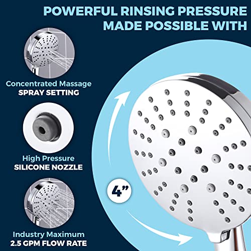 ALL METAL 3-Spray Handheld Shower Head with Long Hose and Brass Holder - CHROME - Showerhead With Handheld Sprayer - WIDE, MASSAGE, and MIST Sprays - 2.5 GPM High Pressure Shower Head with Handheld