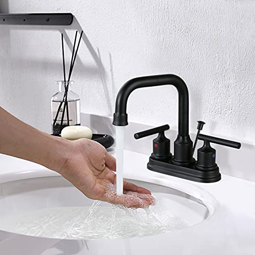 WOWOW Bathroom Faucet Black 4 inch Bathroom Sink Faucet Centerset Lift Rod Drain Stopper 2 Handle Lavatory Commercial Contemporary Faucet High Arc Brass Faucets for Bathroom