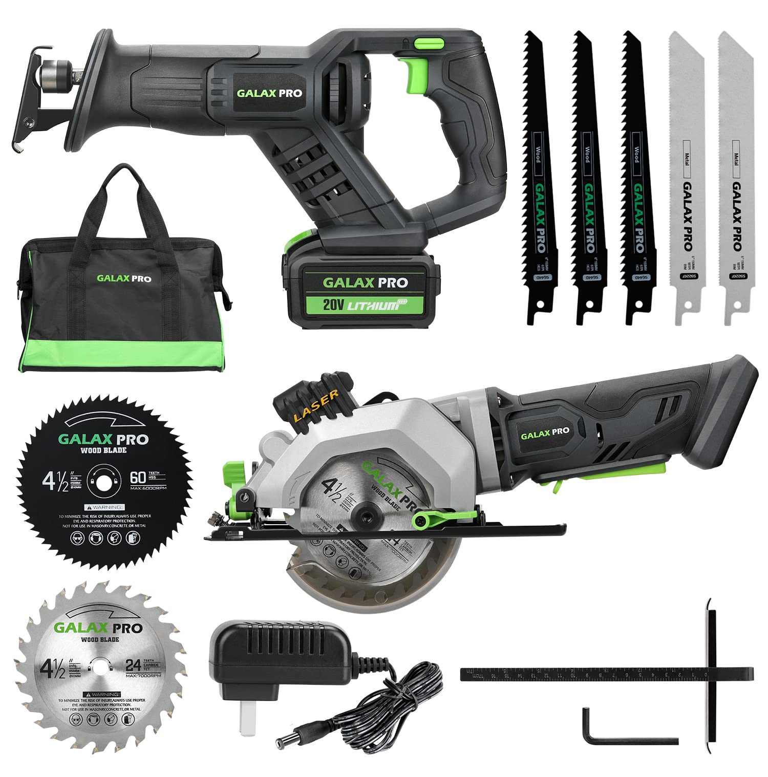 GALAX PRO Circular Saw and Reciprocating Saw Combo Kit with 1pcs 4.0Ah Lithium Battery and One Charger, 7 Saw Blades and Tool Bag