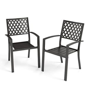 phi villa stackable metal outdoor patio chairs, black patio outdoor dining chairs with armrest, portable wrought iron bistro chairs for kitchen, garden, yard, set of 2, support 300 lbs