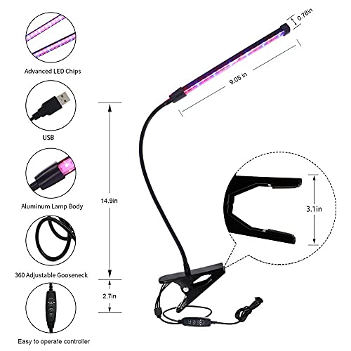 Ecoogrower LED Grow Lights for Indoor Plants, Plant Growing Lamps for Indoor Plants, 20W Full Spectrum Adjustable Gooseneck 9 Dimmable Levels 3 Modes Timing Function, 1 Head