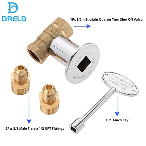 1/2" Straight Quarter Turn Shut-Off Gas ValveFire Pit Gas Kit for Natural Gas LP Gas Fire Pits, 3/8 Male Flare x 1/2 NPT Fittings with Polished Chrome Flange Brass Body and 3" Key