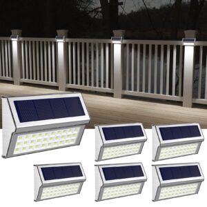 roshwey solar lights outdoor 6 pack 30 led deck lights solar powered waterproof outside stair lights fence post lamp outdoor decor for patio step pool yard walkway, cool white light