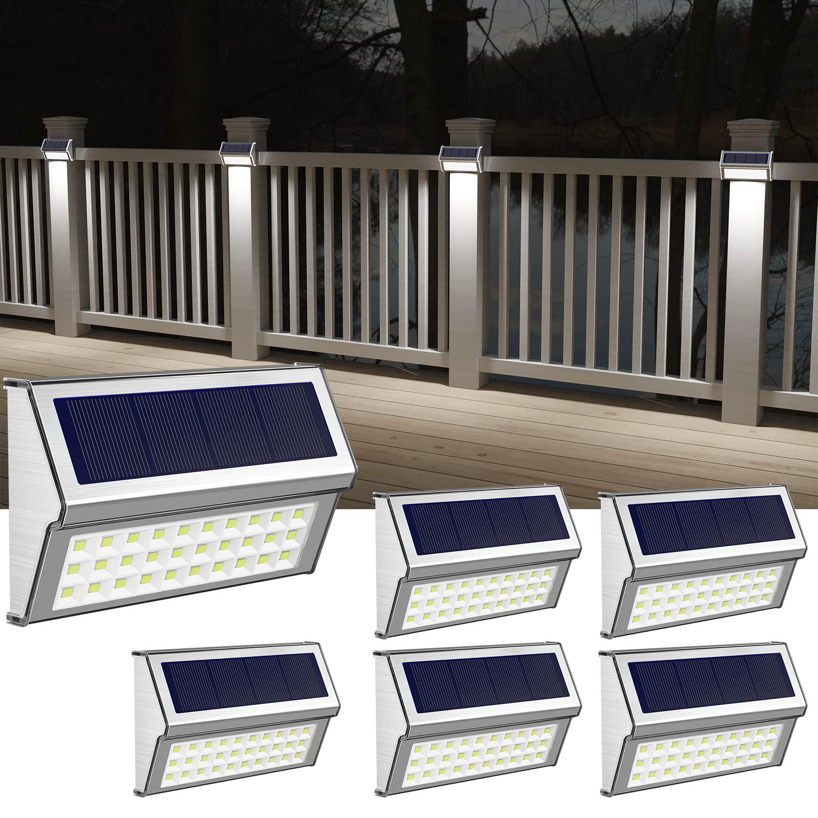 ROSHWEY Solar Lights Outdoor 6 Pack 30 LED Deck Lights Solar Powered Waterproof Outside Stair Lights Fence Post Lamp Outdoor Decor for Patio Step Pool Yard Walkway, Cool White Light